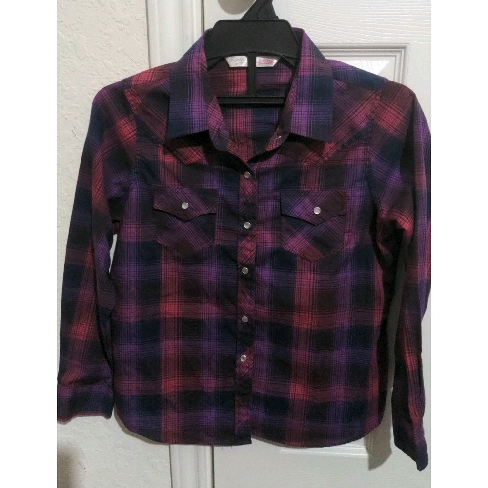 Cumberland Outfitters by ELY Girls Western Snap Purple & Red Plaid Shirt. Size L